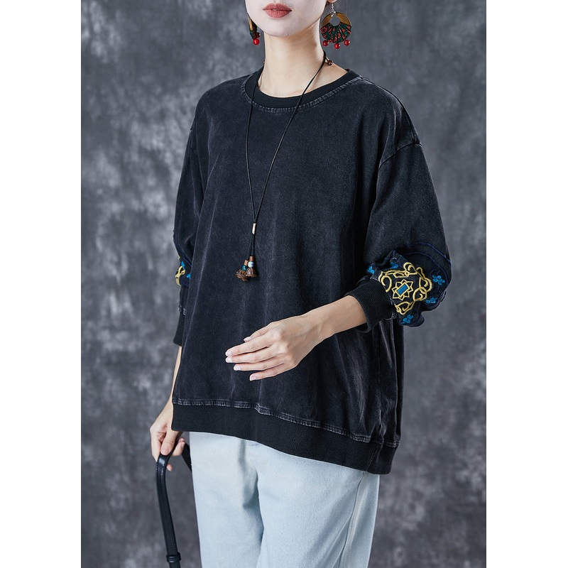 Black Oversized Cotton Pullover Sweatshirt Embroideried Fall
