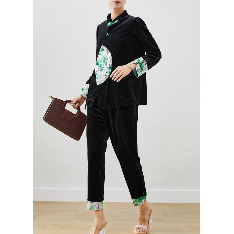 Black Patchwork Silk Velour Chinese Style Two Pieces Set Tie Waist Spring