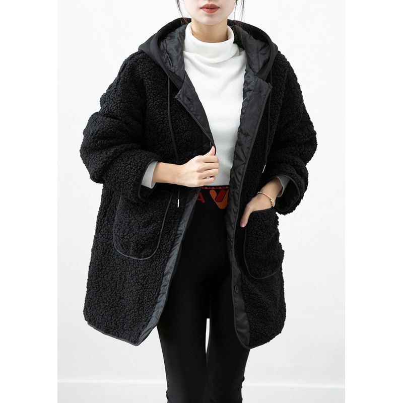 Black Patchwork Teddy Faux Fur Jacket Hooded Pockets Winter