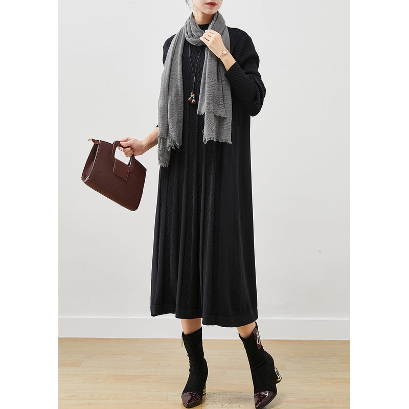 Black Warm Knit Pleated Sweater Dress Stand Collar Winter