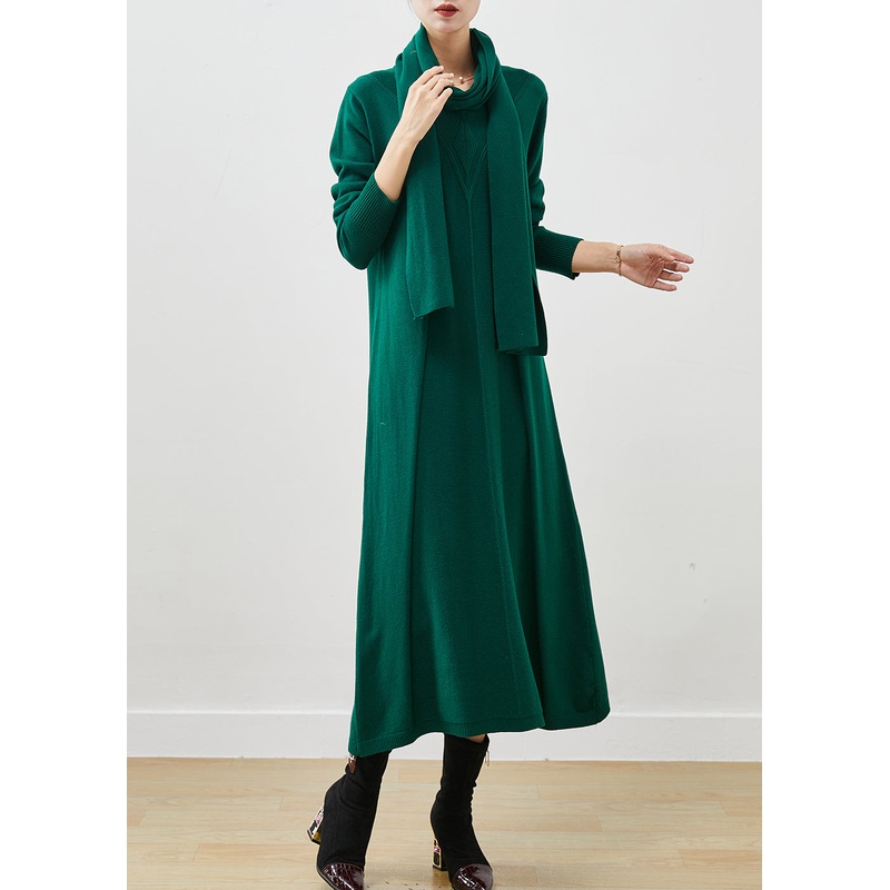 Blackish Green Wool Knit Sweater Dress Free Scarf Winter
