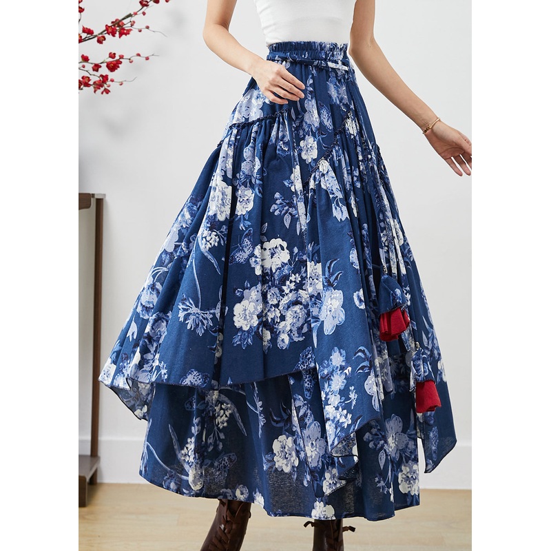 Blue Floral Cotton Skirts Asymmetrical Exra Large Hem Fall