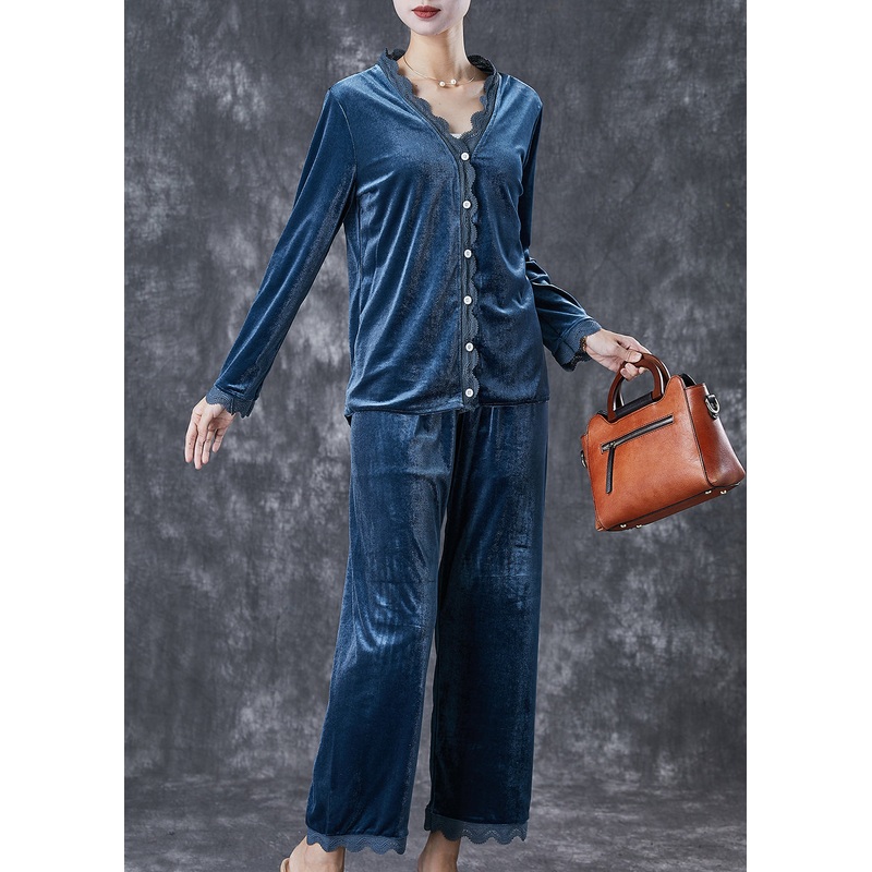 Blue Grey Patchwork Lace Silk Velour Two Pieces Set V Neck Fall