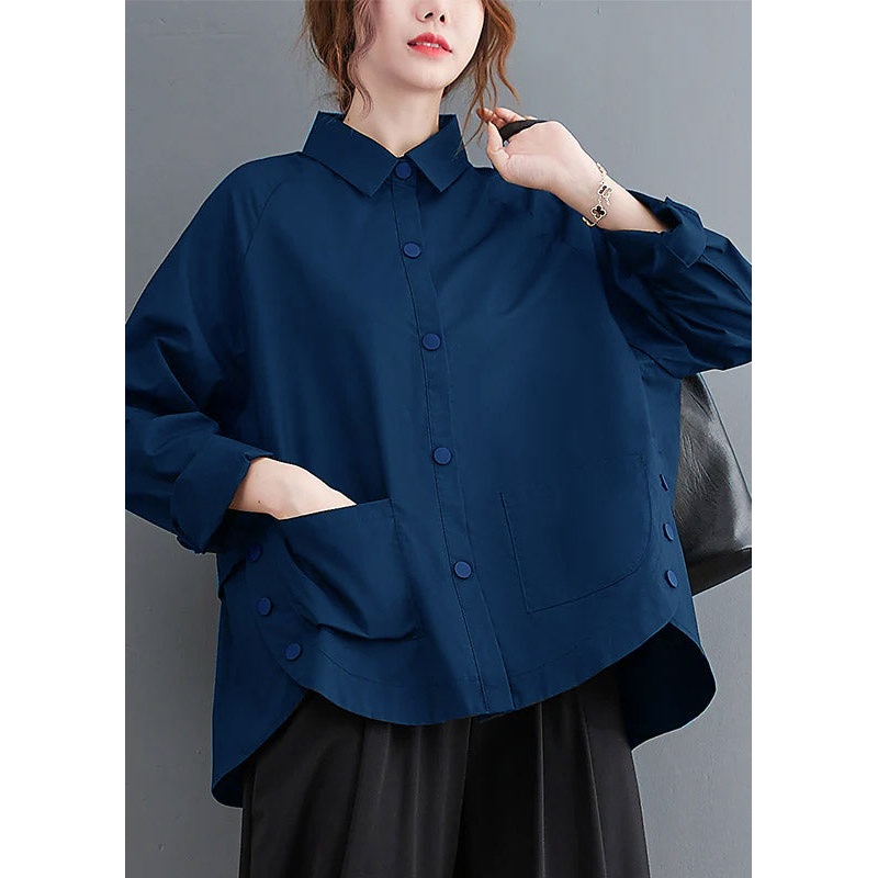 Blue Patchwork Cotton Shirt Top Oversized Pockets Fall