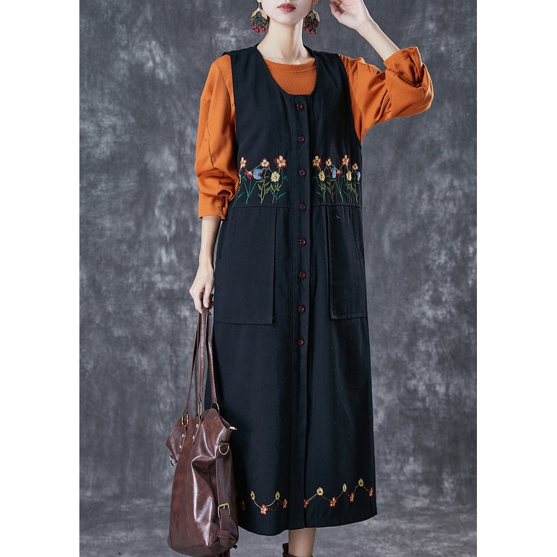 Bohemian Black Embroideried Pockets Cotton Two Pieces Set Spring