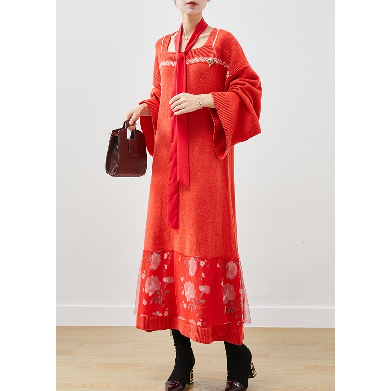Bohemian Brick Red Square Collar Patchwork Knitwear Dress Spring