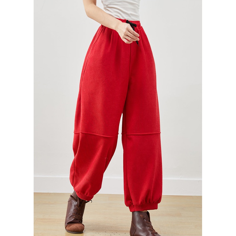 Bohemian Red Oversized Pockets Corduroy Pants Winter