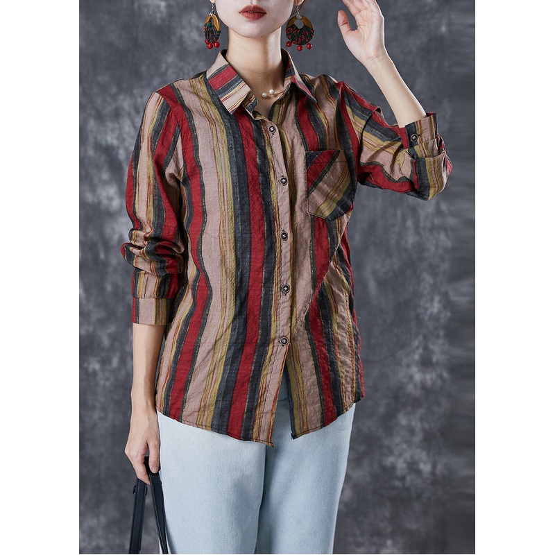 Bohemian Red Peter Pan Collar Striped Linen Shirt Top Fall
