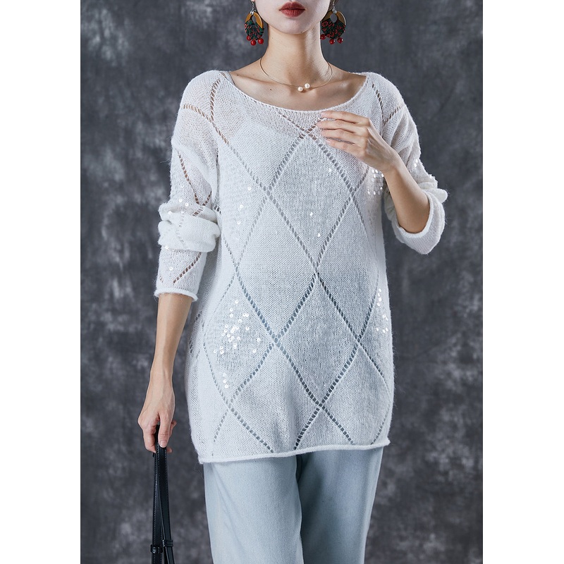 Bohemian White Sequins Hollow Out Knit Sweater Fall