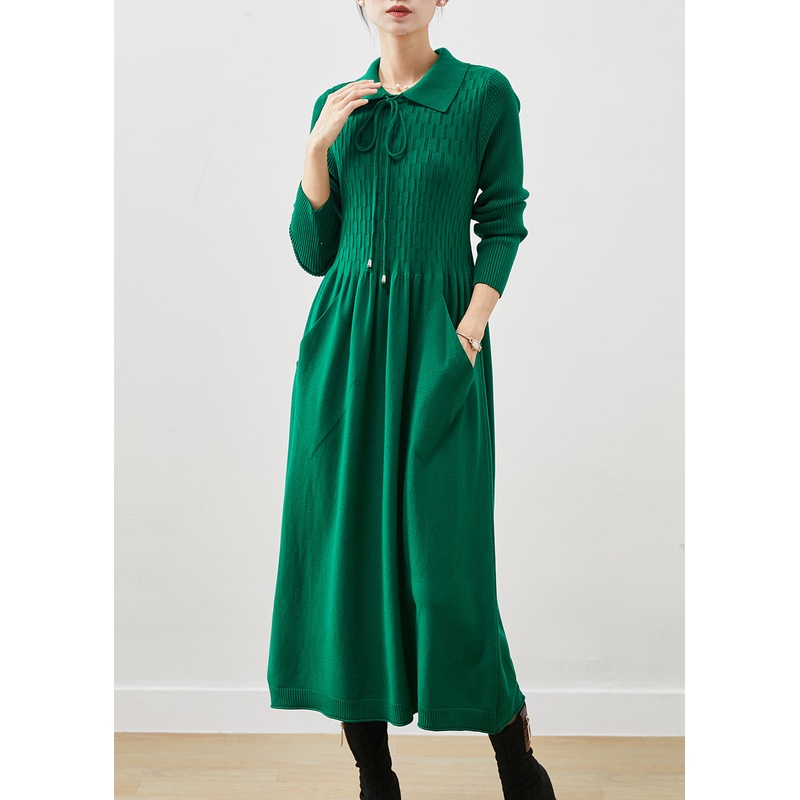 Boho Blackish Green Lace Up Pockets Knit A Line Dresses Spring
