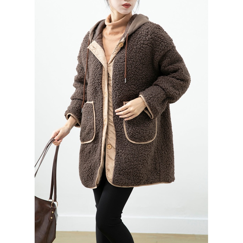 Boho Chocolate Hooded Patchwork Pockets Teddy Faux Fur Coats Winter