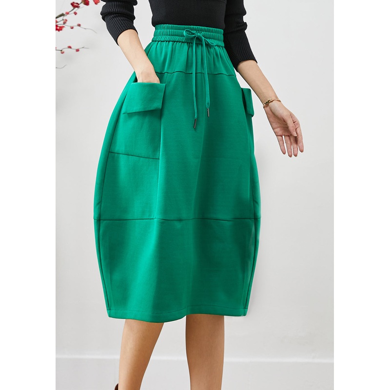 Boho Green Elastic Waist Patchwork Cotton Skirts Fall