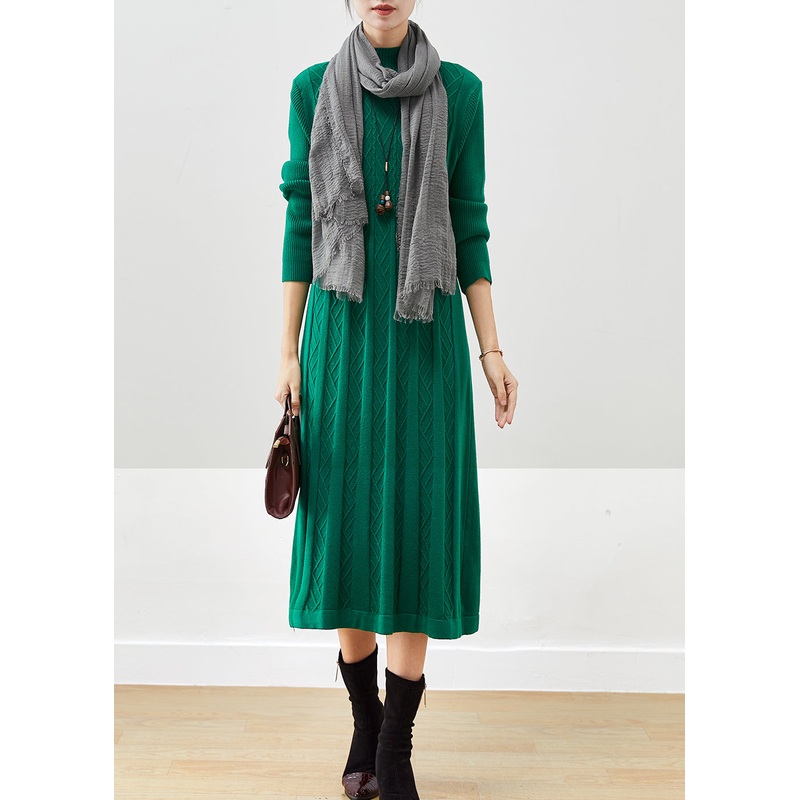 Boutique Green Stand Collar Wrinkled Knit Dress Winter
