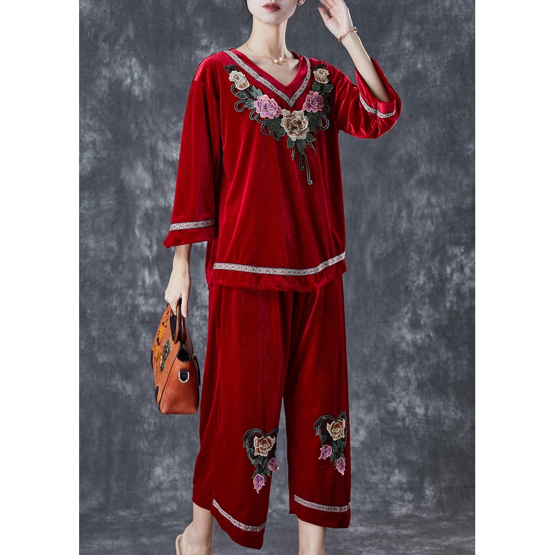 Boutique Mulberry Embroideried Floral Silk Velour Two Piece Set Women Clothing Fall