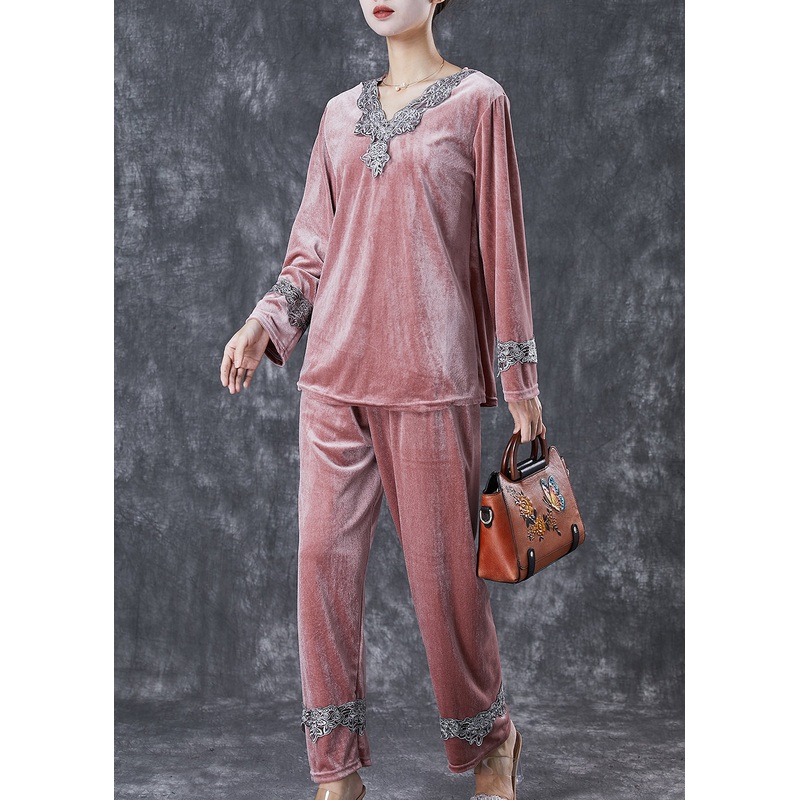 Brick Red Patchwork Lace Silk Velour Two Pieces Set V Neck Fall