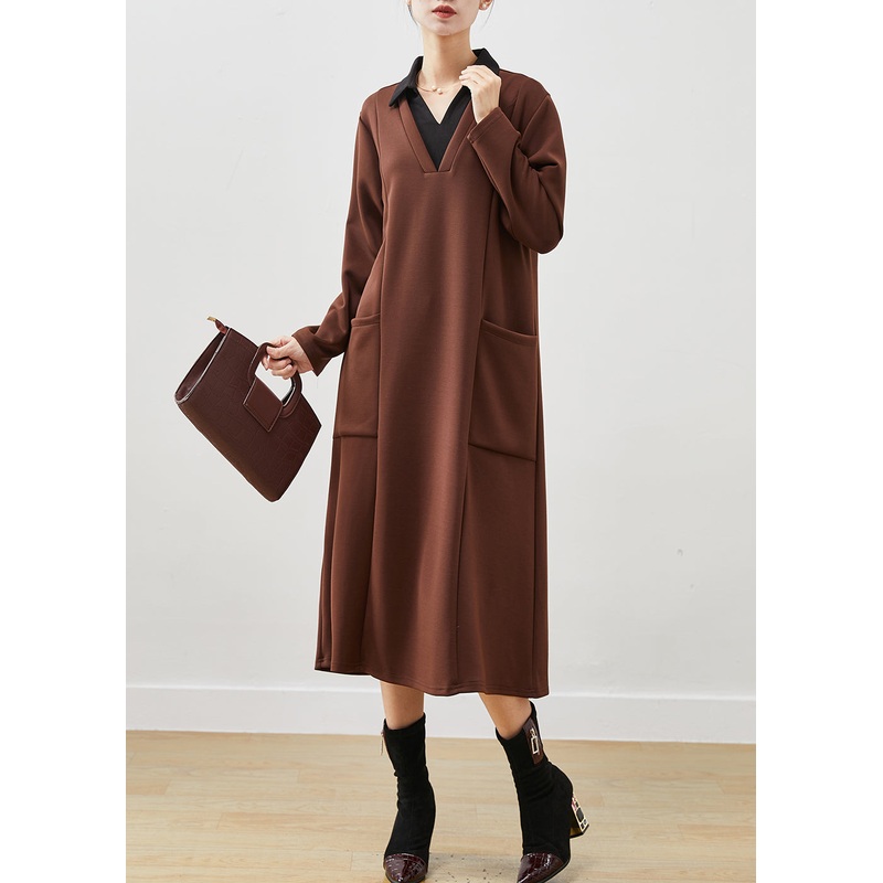 Brown Patchwork Cotton Long Dress V Neck Pockets Spring