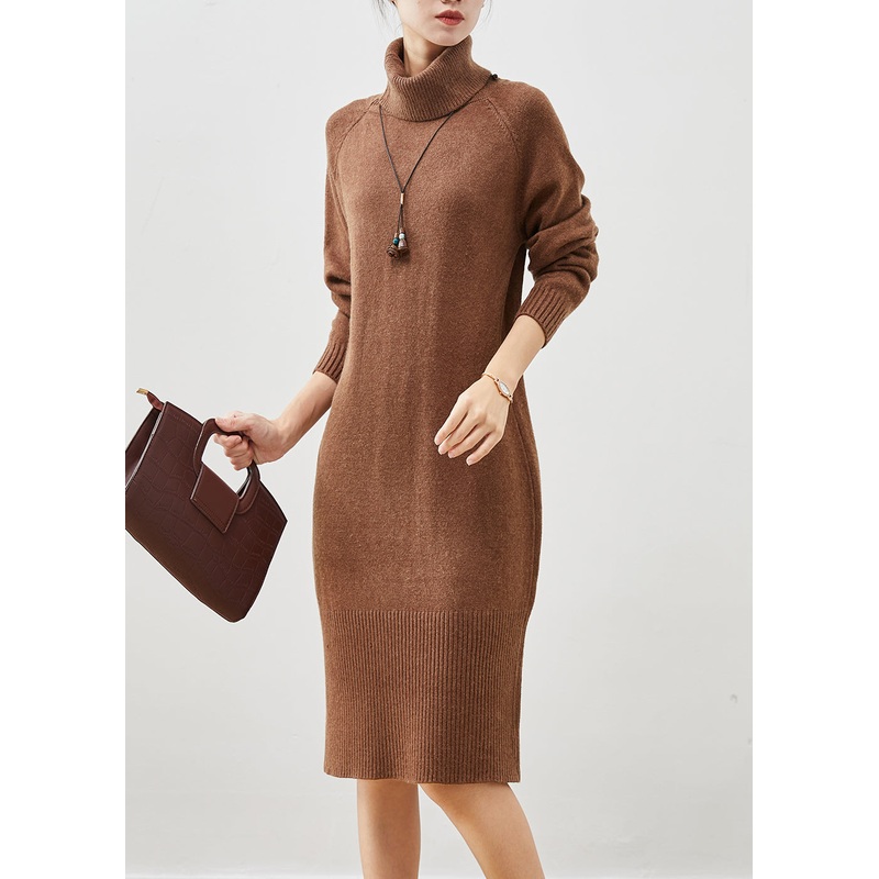 Brown Warm Knitwear Dress Turtle Neck Winter
