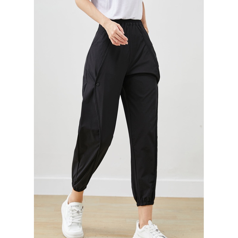 Casual Black Elastic Waist Pockets Cotton Harem Pants Fall