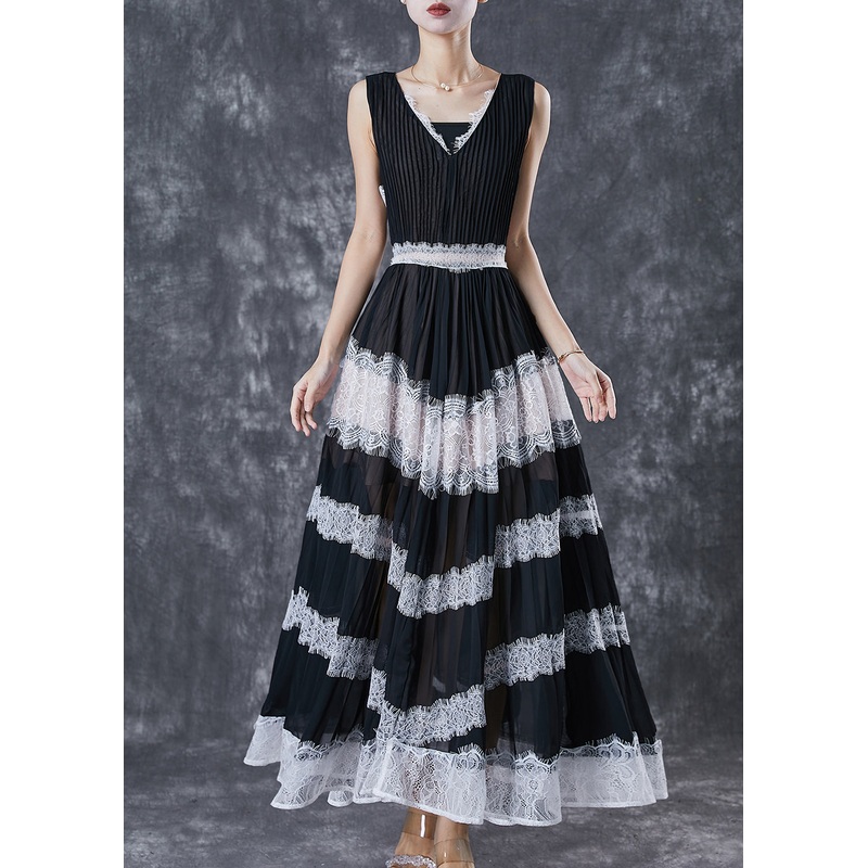 Casual Black Exra Large Hem Patchwork Lace Linen Silk Pleated Dresses Sleeveless