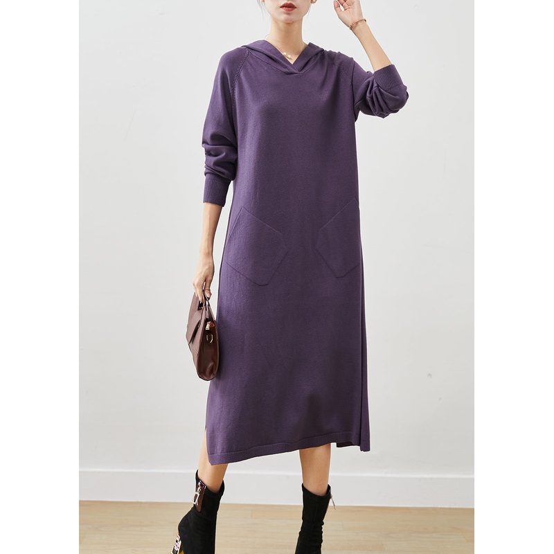 Chic Dull Purple Hooded Side Open Knit Dress Spring