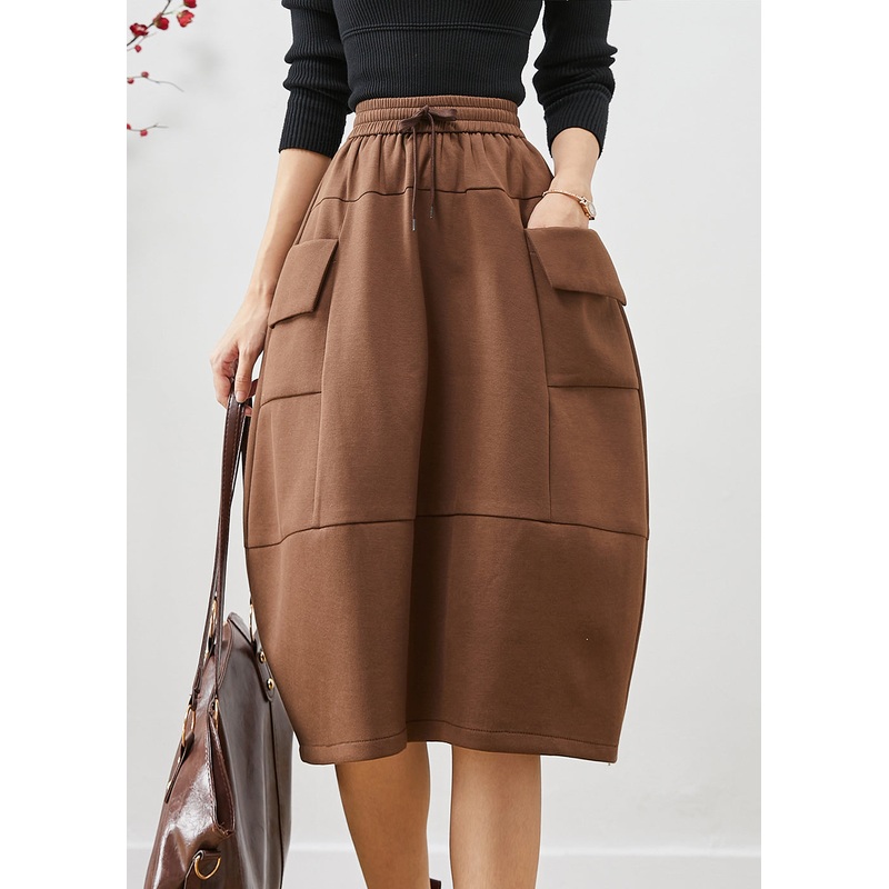 Chocolate Patchwork Cotton Skirts Elastic Waist Pockets Fall