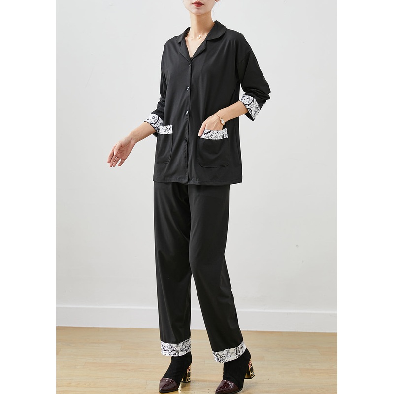 Classy Black Peter Pan Collar Patchwork Cotton Two Pieces Set Fall