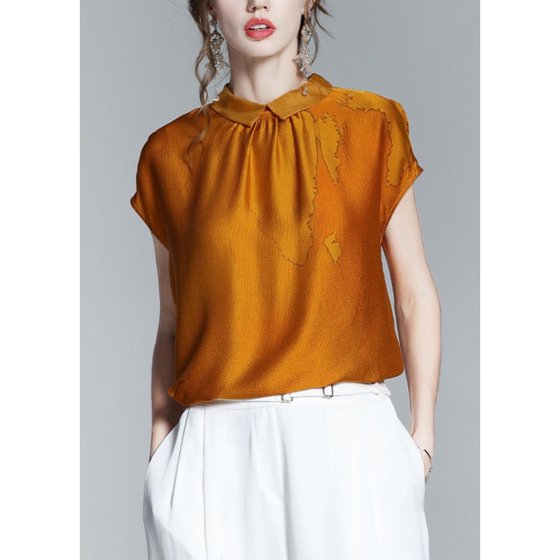 Classy Caramel Peter Pan Collar Print Silk T Shirt Short Sleeve