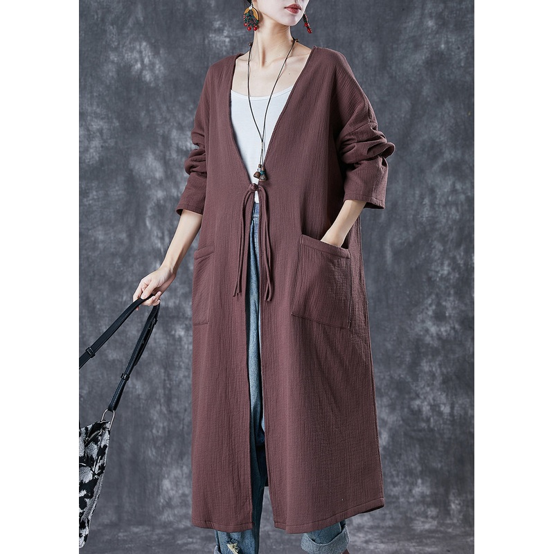 Classy Chocolate Oversized Chinese Button Linen Long Cardigan Spring