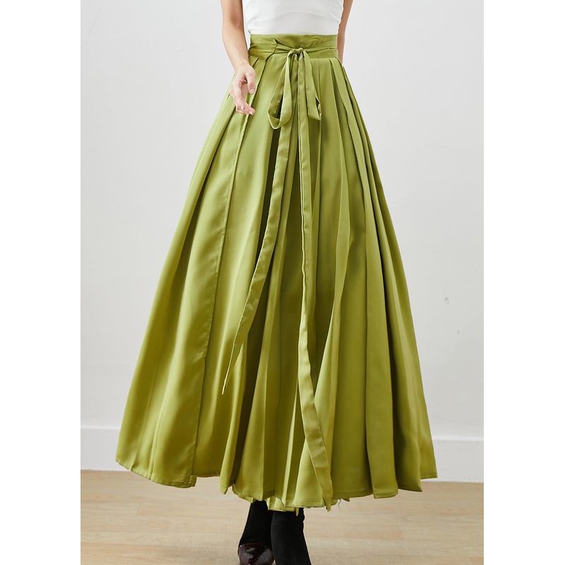 DIY Grass Green Tie Waist Silk A Line Skirts Fall