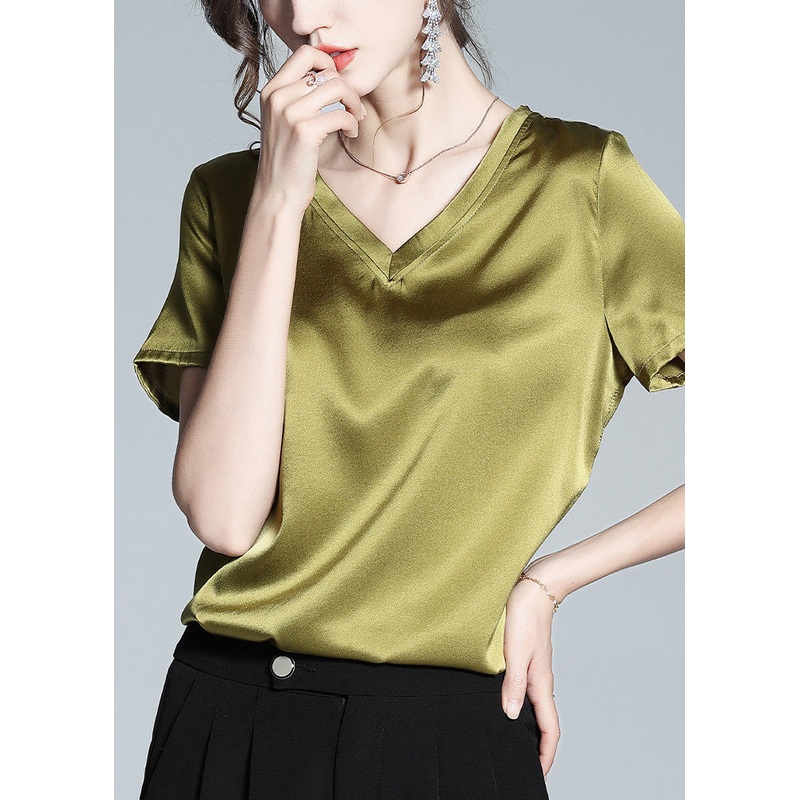 DIY Green V Neck Solid Silk Top Summer