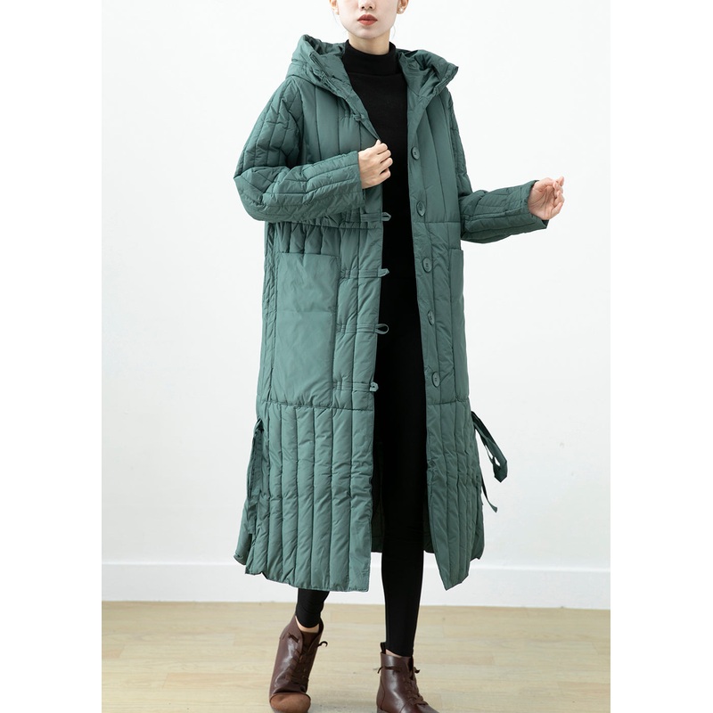 Elegant Green Hooded Pockets Fine Cotton Filled Long Coat Winter