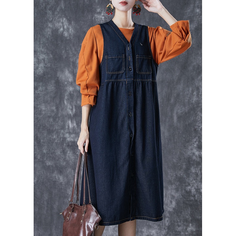 Elegant Navy Denim Dress And Shirt 2 Piece Outfit Spring