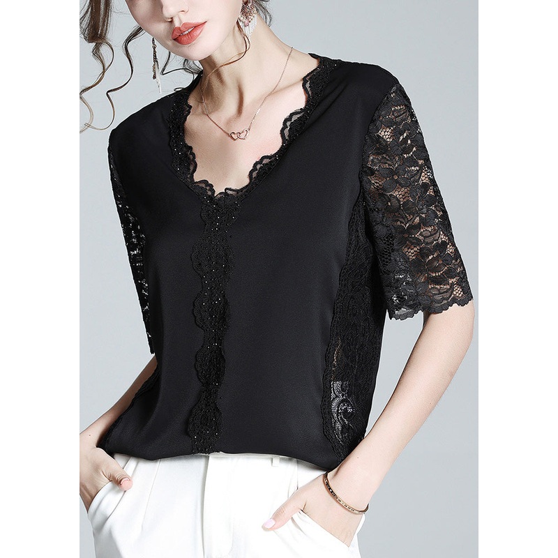 Fashion Black V Neck Lace Patchwork Solid Top Short Sleeve