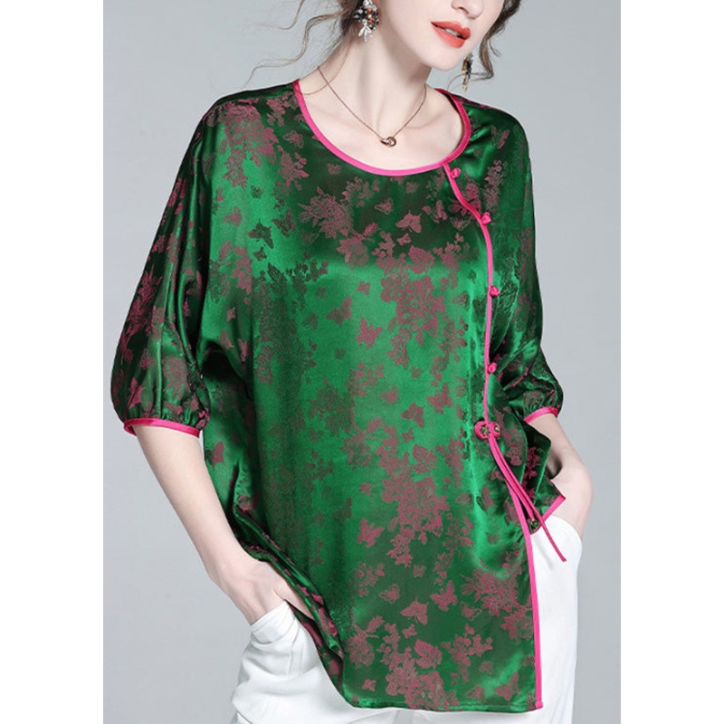 Fashion Green O-Neck Asymmetrical Button Silk Top Summer