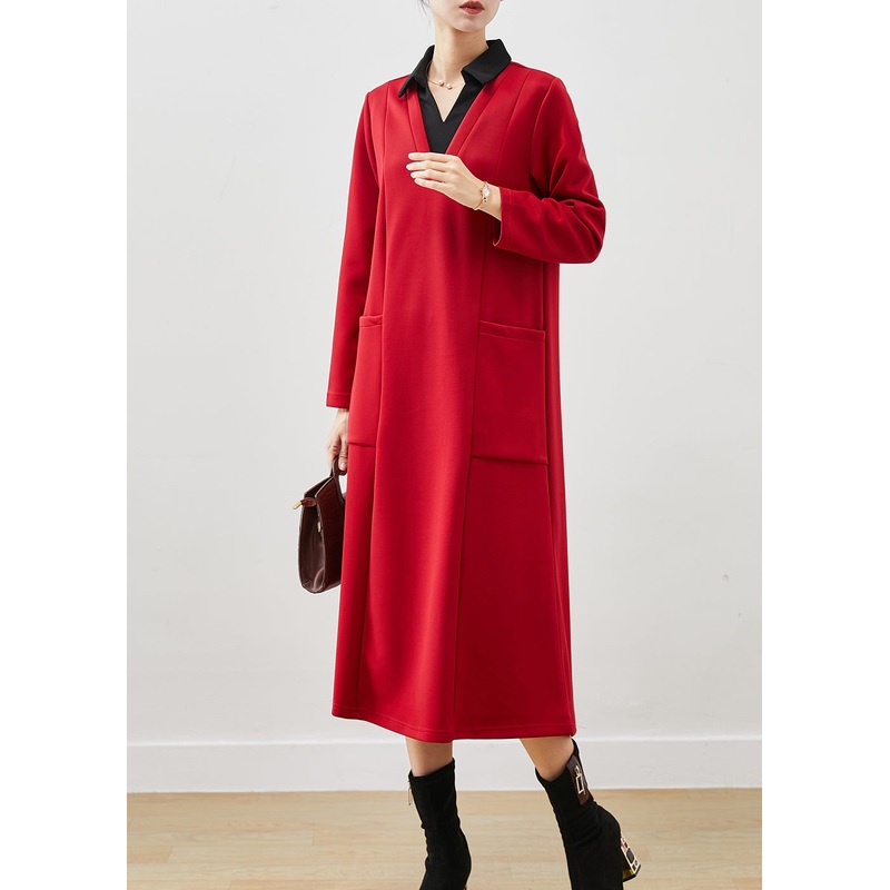 Fashion Red V Neck Patchwork Cotton Holiday Dresses Spring