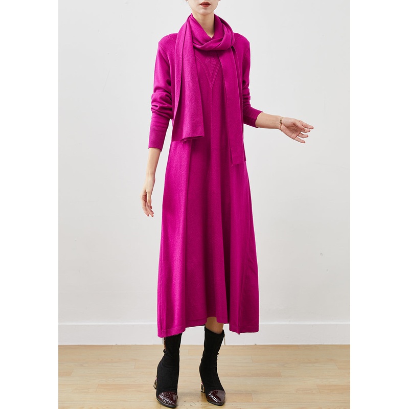 Fine Rose Oversized Free Scarf Wool Knit Sweater Dress Winter