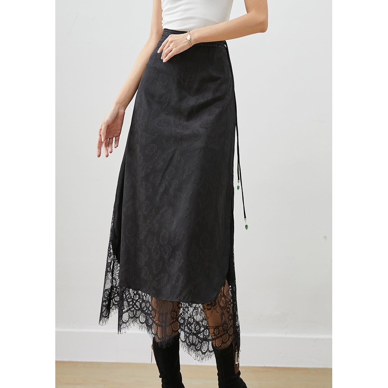 French Black Tasseled Patchwork Lace Silk Skirt Fall