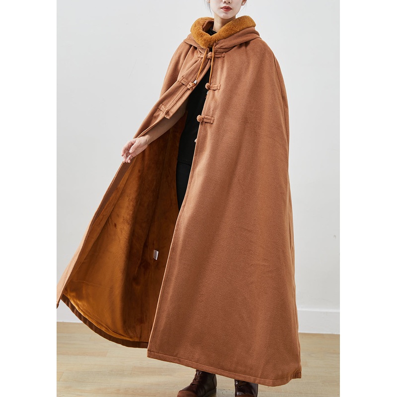 French Khaki Fur Collar Oversized Warm Fleece Hoodie Coat Cloak Sleeves