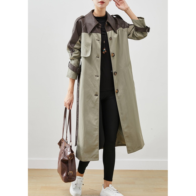 Grey Green Patchwork Cotton Trench Peter Pan Collar Spring