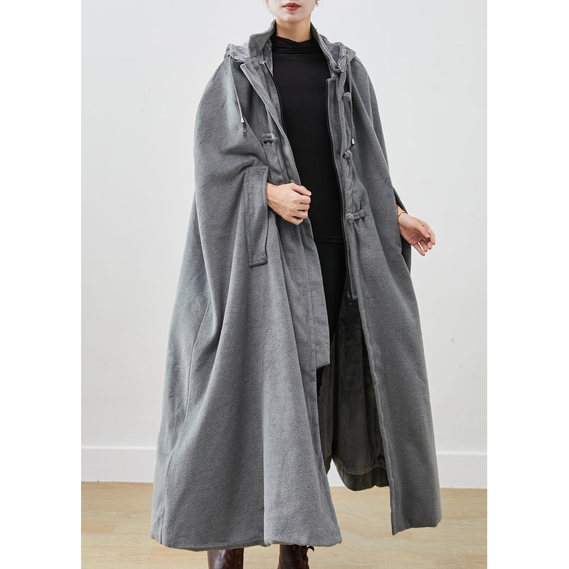 Handmade Grey Oversized Lengthen Warm Fleece Hooded Coat Cloak Sleeves