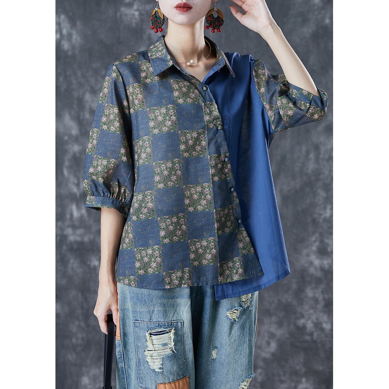 Handmade Navy Asymmetrical Patchwork Linen Top Half Sleeve