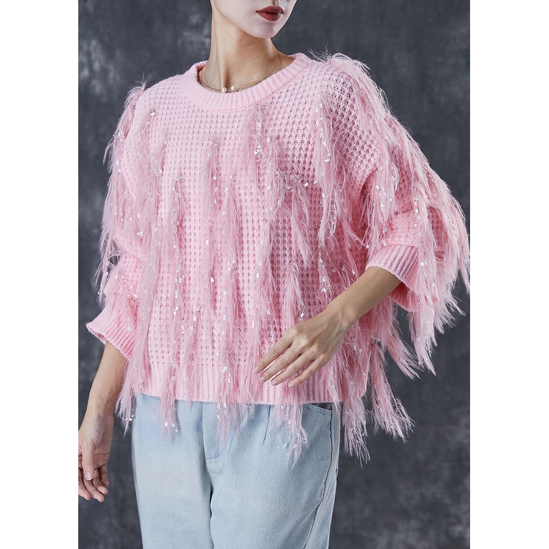 Handmade Pink Tasseled Sequins Knit Sweater Winter