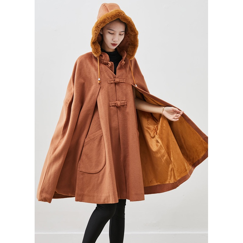 Italian Khaki Fur Collar Oversized Warm Fleece Coat Cloak Sleeves