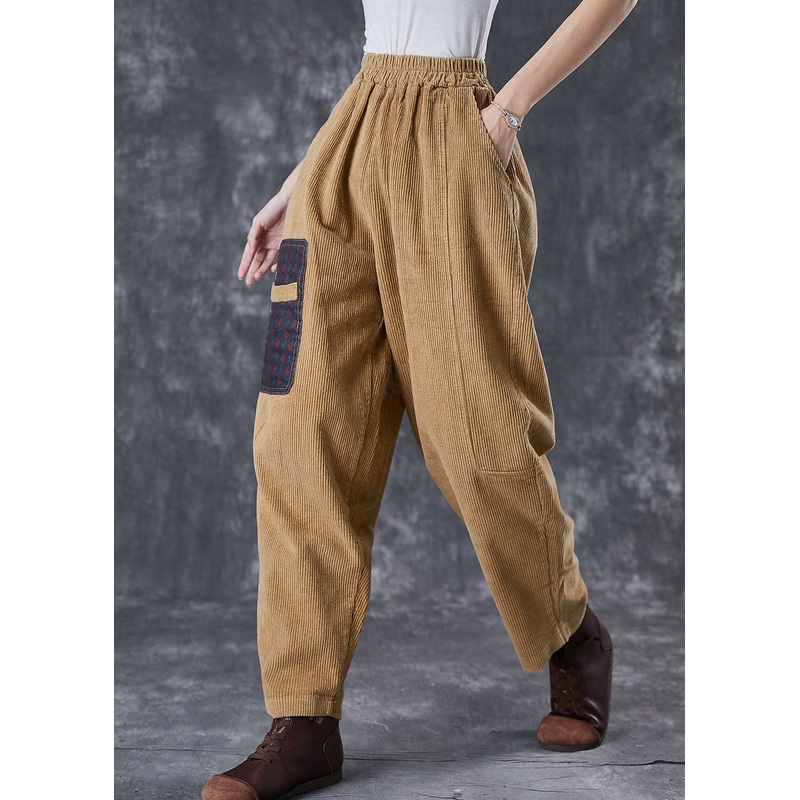Italian Khaki Oversized Patchwork Applique Corduroy Pants Trousers Spring