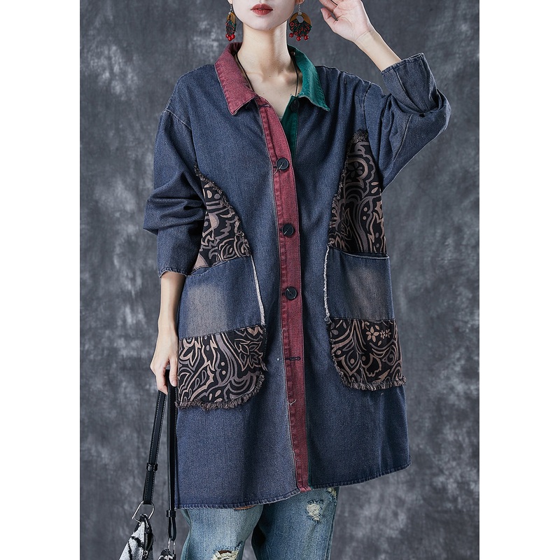 Italian Navy Oversized Patchwork Denim Ripped Trench Fall