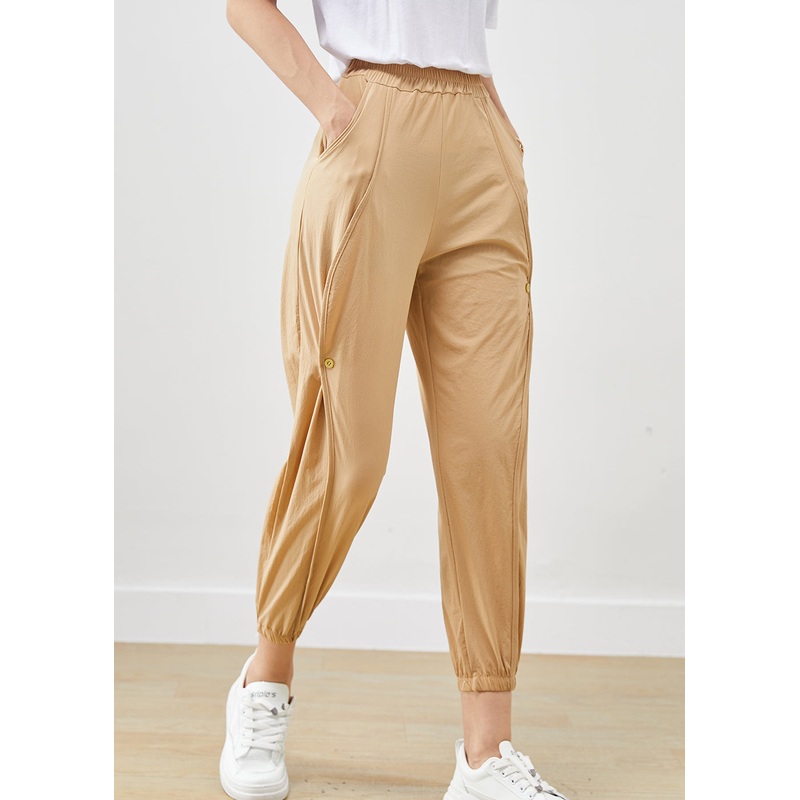 Khaki Cotton Pants Trousers Elastic Waist Pockets Fall