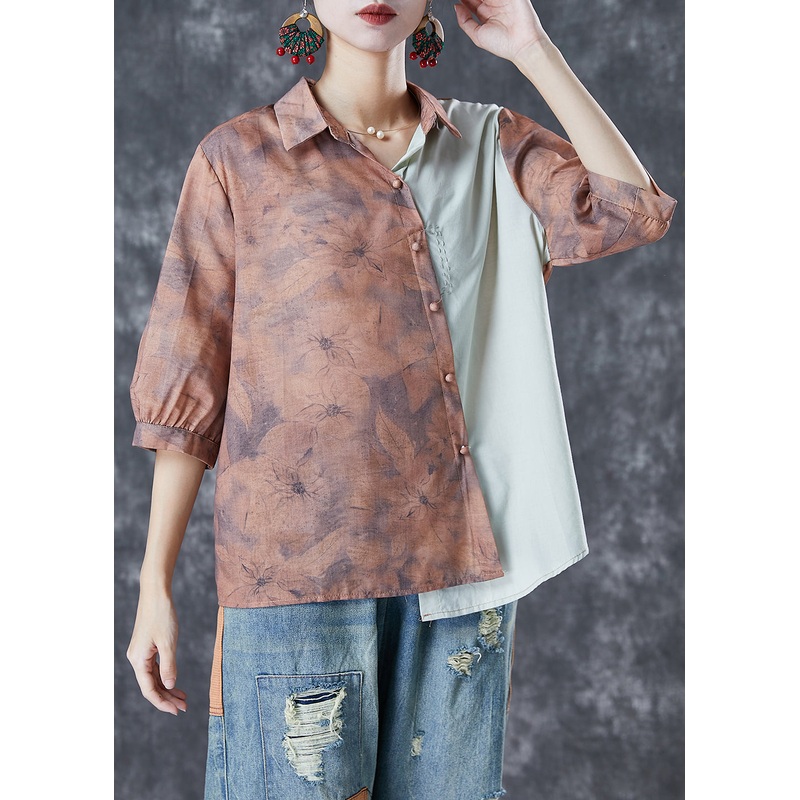 Khaki Print Patchwork Linen Shirt Top Asymmetrical Half Sleeve