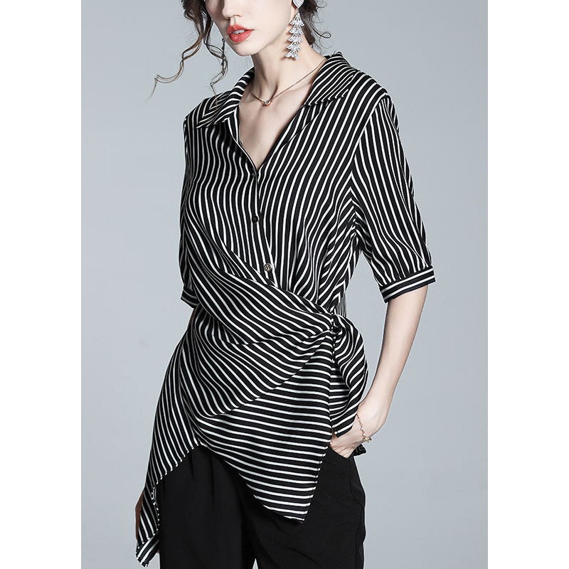 Loose Peter Pan Collar Asymmetrical Striped Silk Shirt Half Sleeve