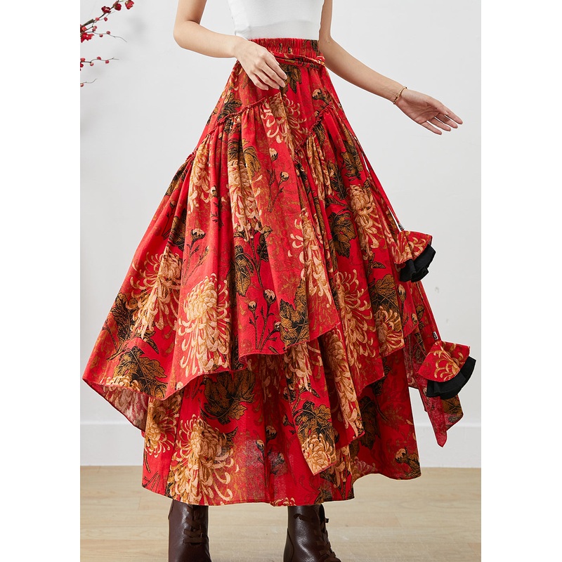 Loose Red Asymmetrical Print Cotton A Line Skirts
