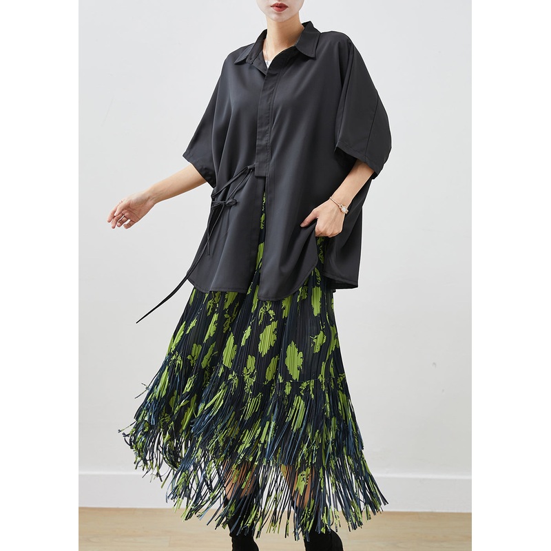 Modern Black Tasseled Tie Waist Silk Two Pieces Set Fall